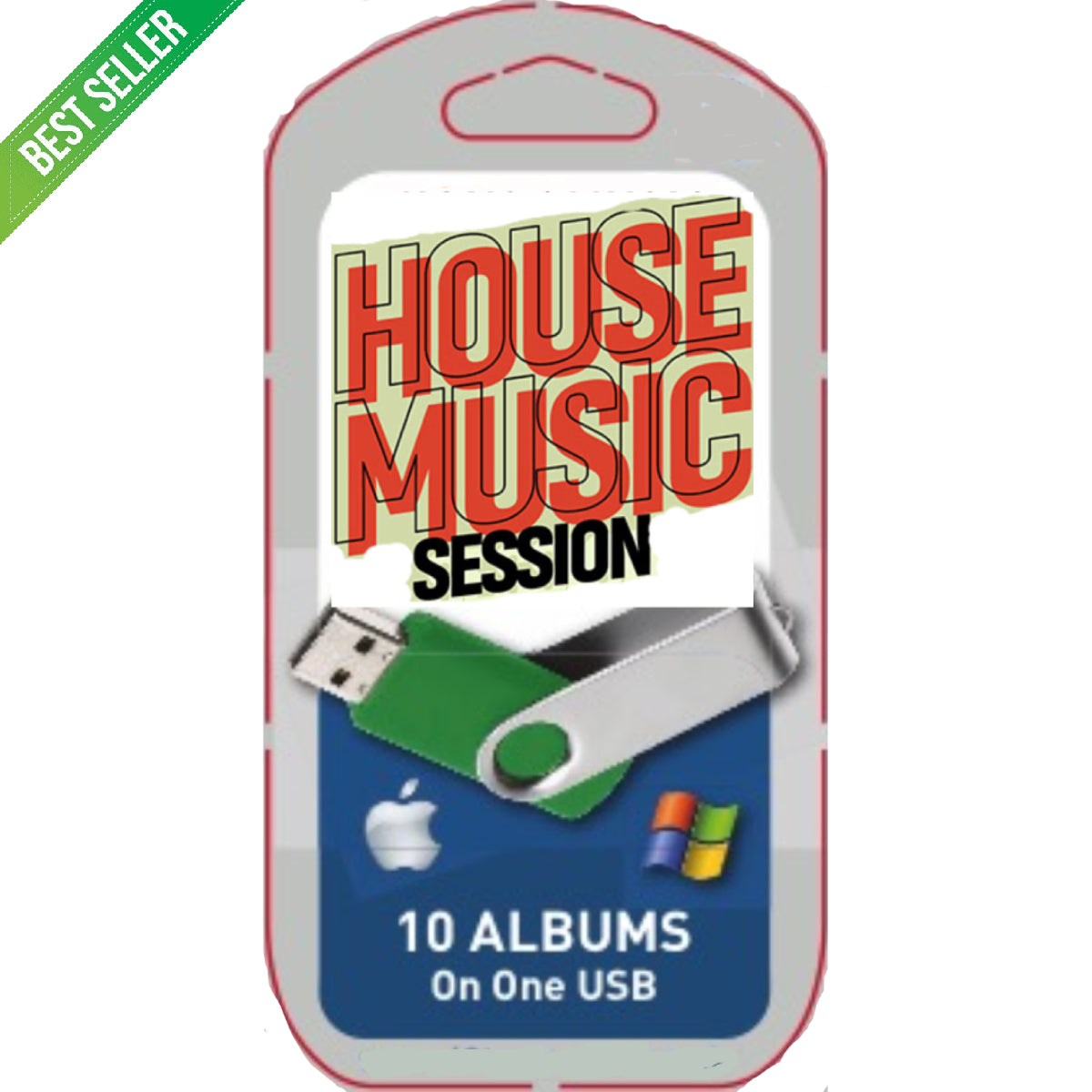 USB drive packaging with 'House Music Session' branding on a white background
