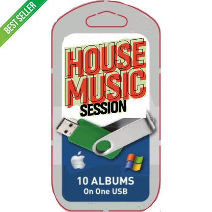 USB drive packaging with 'House Music Session' branding on a white background
