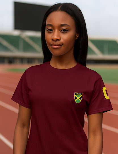 Person wearing a maroon t-shirt with a logo on a sports field