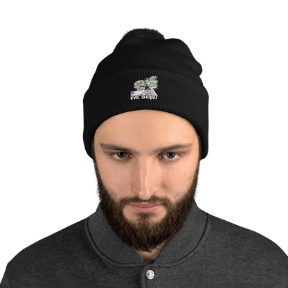 Person wearing a black beanie with a logo on a white background