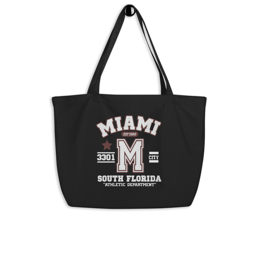 Black tote bag with 'Miami South Florida' text and logo on a white background