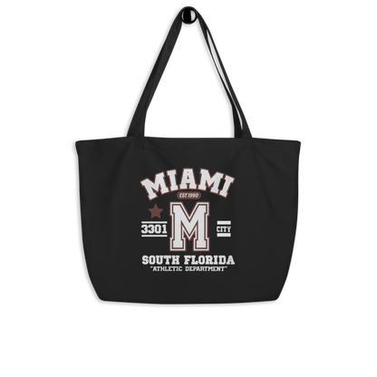 Black tote bag with 'Miami South Florida' text and logo on a white background