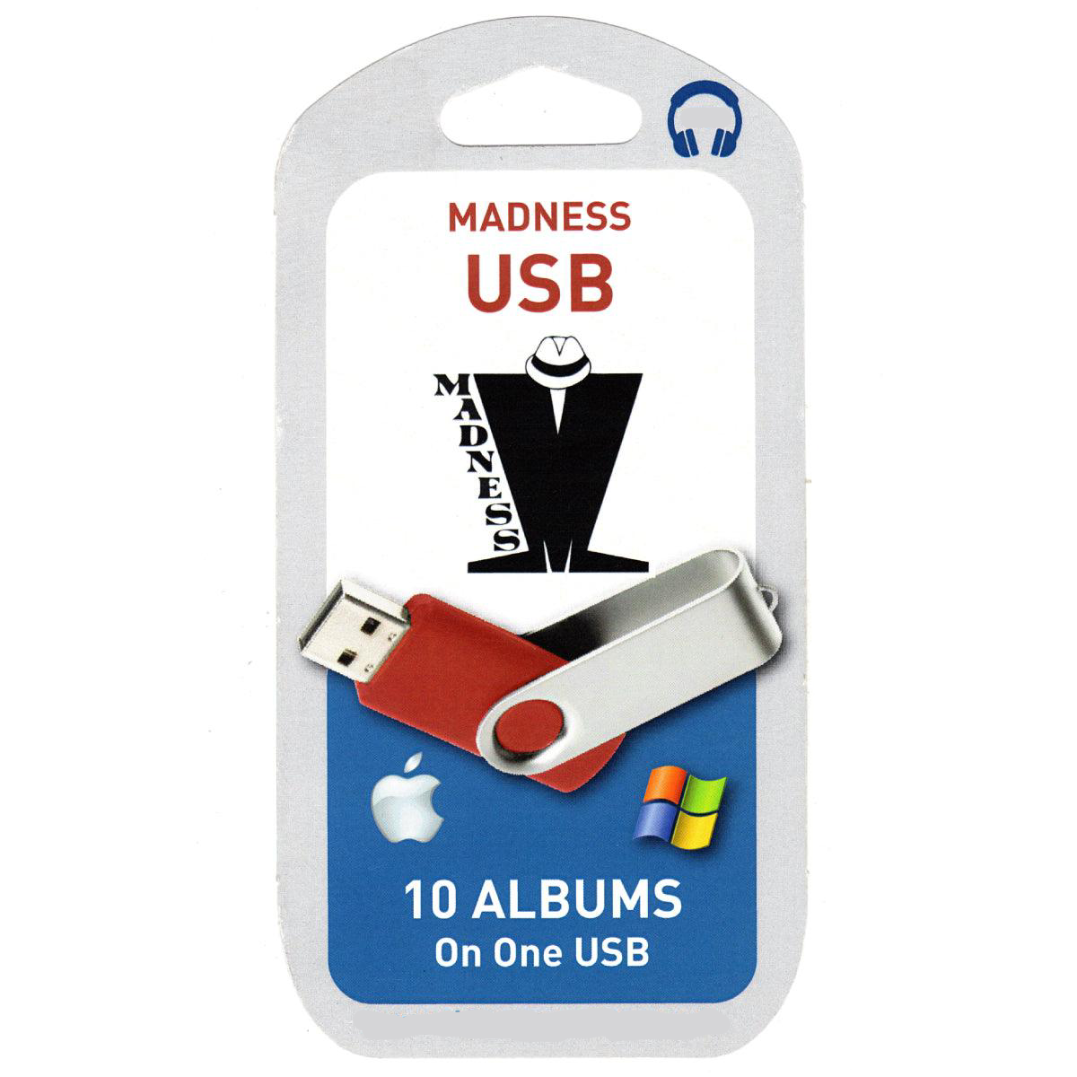 Packaging of Madness USB drive containing 10 albums by the band Madness, with a red and silver USB flash drive displayed in front.