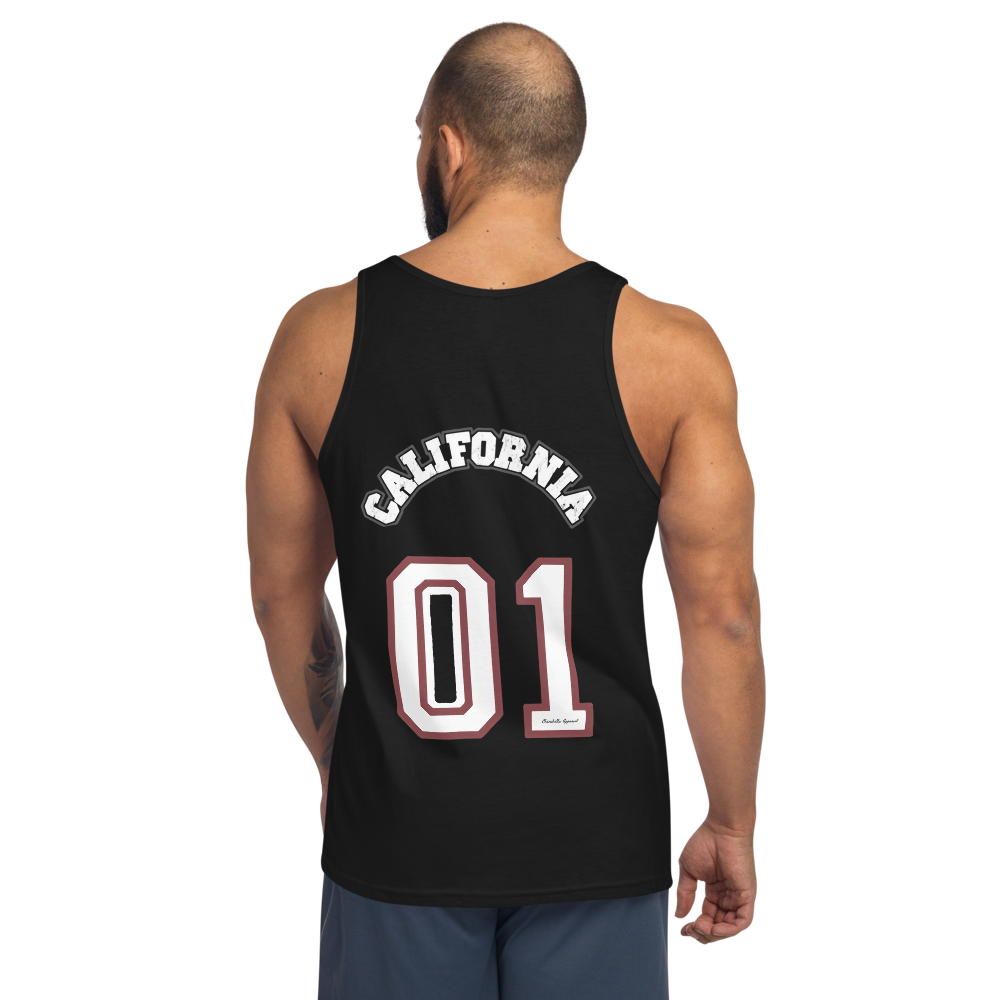Person wearing a black tank top with 'California 01' text on the back against a white background