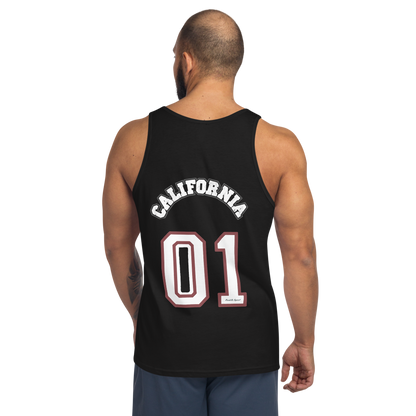 Person wearing a black tank top with 'California 01' text on the back against a white background