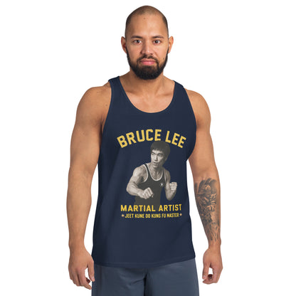 Man wearing a navy tank top with Bruce Lee graphic and text on a white background