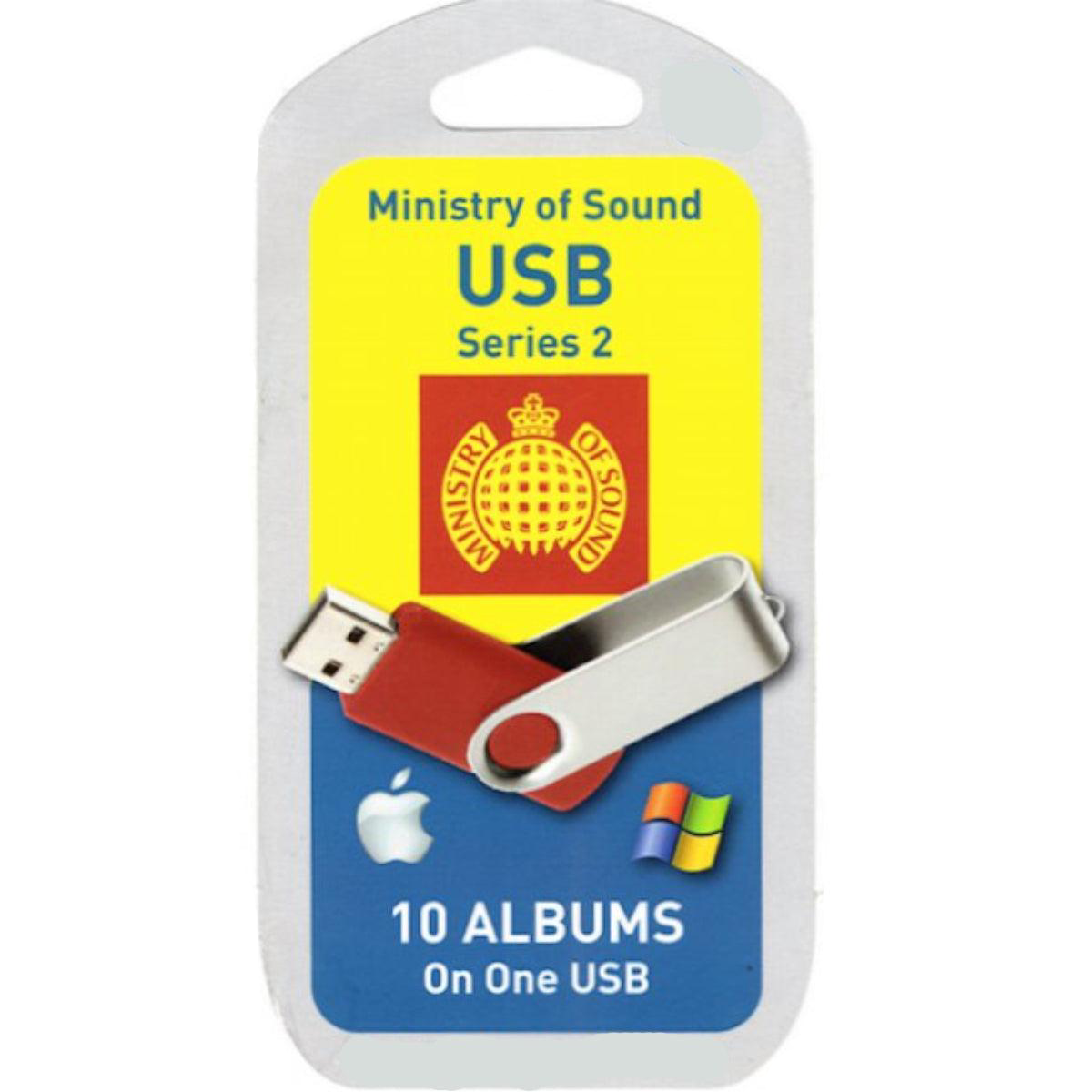 Packaged USB drive with 'Ministry of Sound USB Series 2' branding and a graphic indicating 10 albums are included. The USB drive is red and silver, and the packaging features logos for Apple and Microsoft.