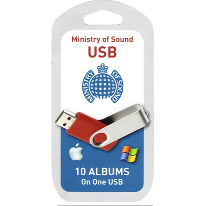 A USB drive with a red and silver color scheme, branded with Ministry of Sound, encased in a clear plastic packaging with a label that reads '10 albums on one USB'.