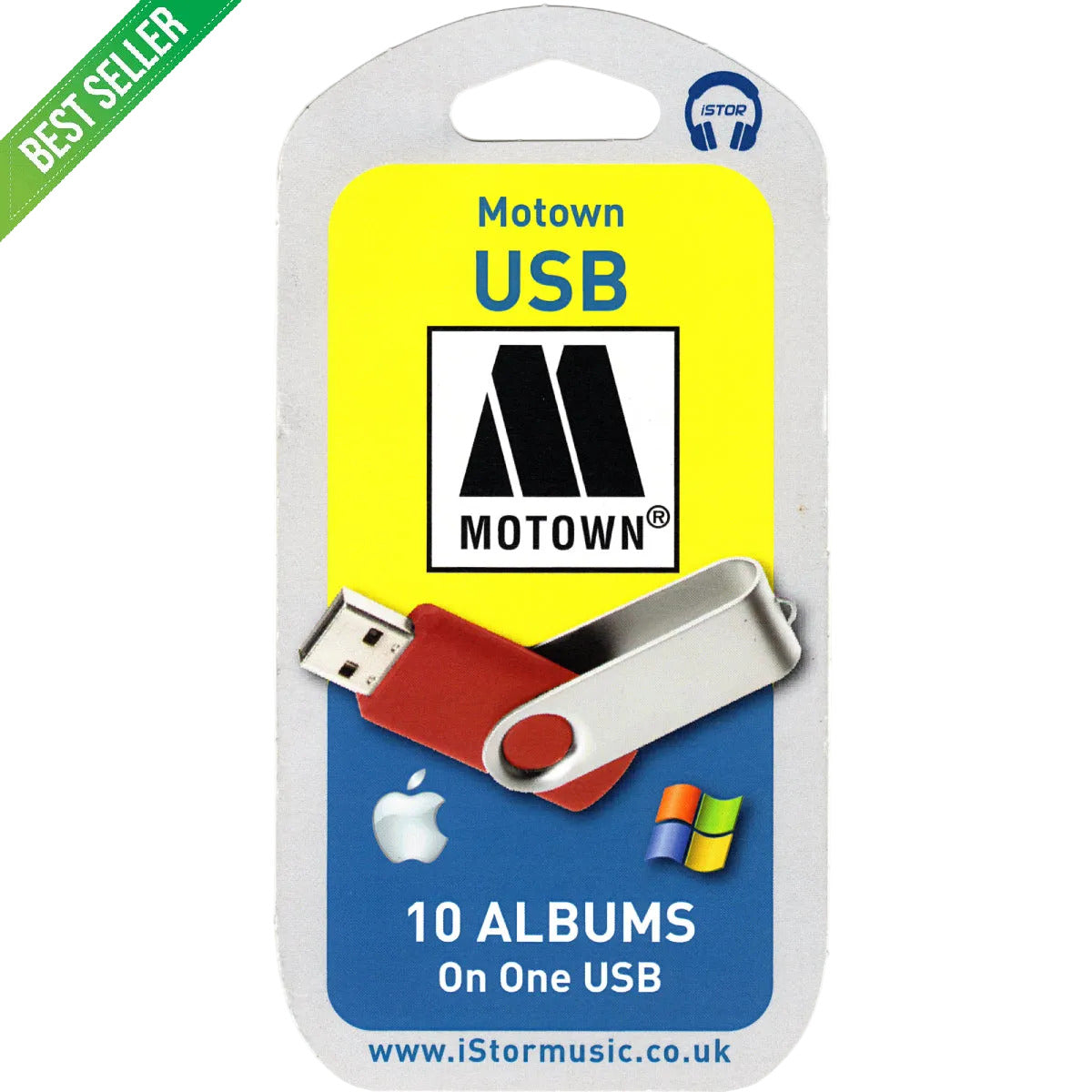 Motown USB drive packaging with yellow and blue design, featuring the Motown logo and text about 10 albums on one USB.
