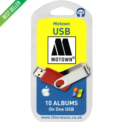 Motown USB drive packaging with yellow and blue design, featuring the Motown logo and text about 10 albums on one USB.