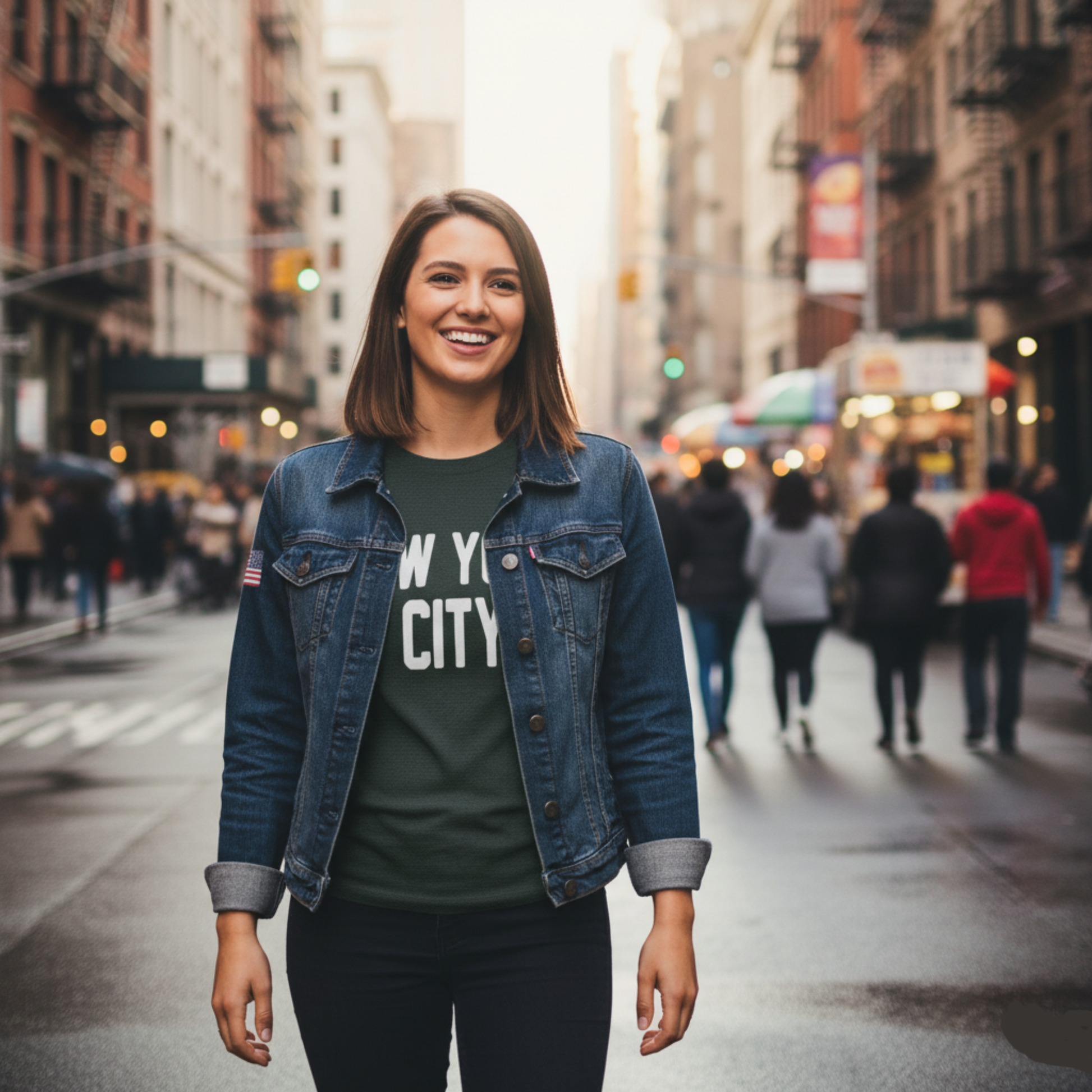 Woman wearing a 'New York City' t-shirt on a city street