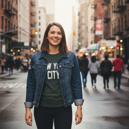 Woman wearing a 'New York City' t-shirt on a city street
