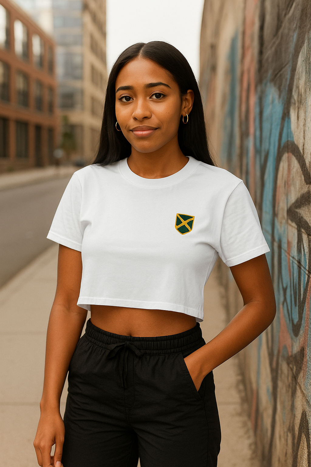 Woman wearing a white crop top with a small logo, standing against a graffiti-covered wall.