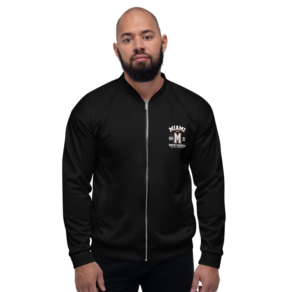 Miami Varsity Unisex Bomber Jacket (Black) - Chinchilla Choons