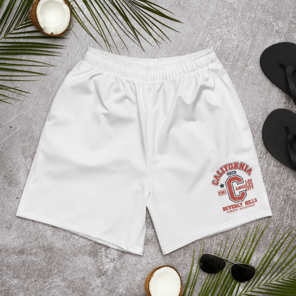 California Print Unisex Athletic Long Shorts (White & Red) - Chinchilla Choons