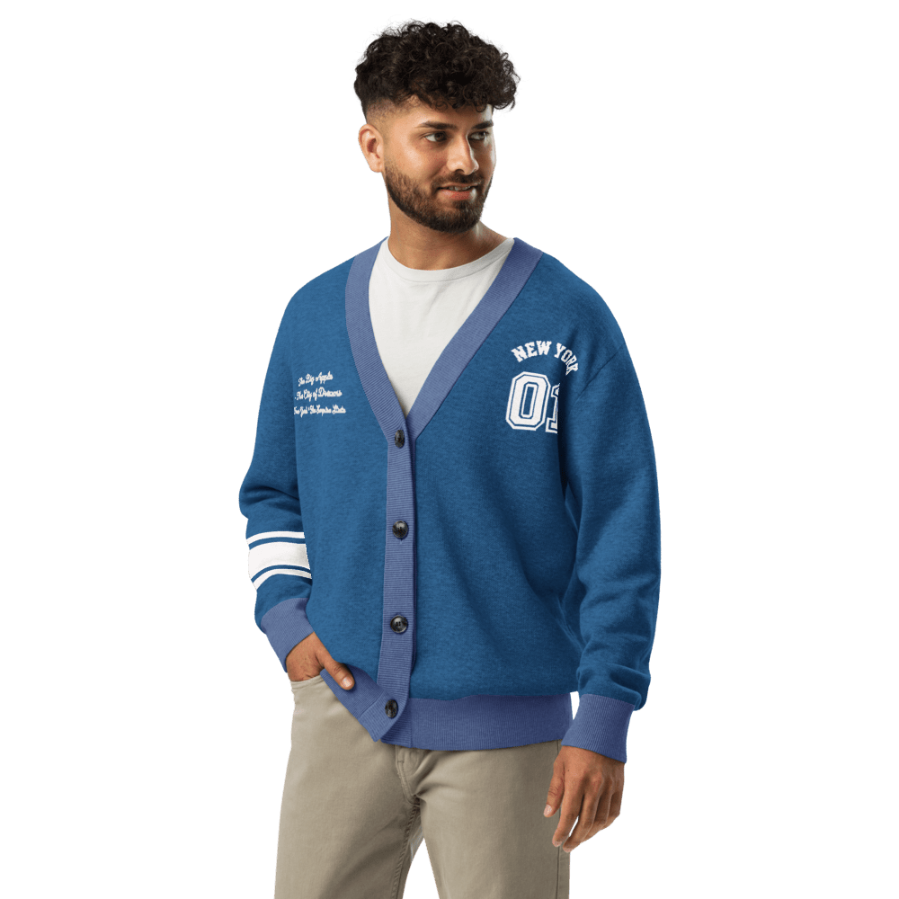 New York Varsity Knitted Cardigan (Blue & White) - Chinchilla Choons