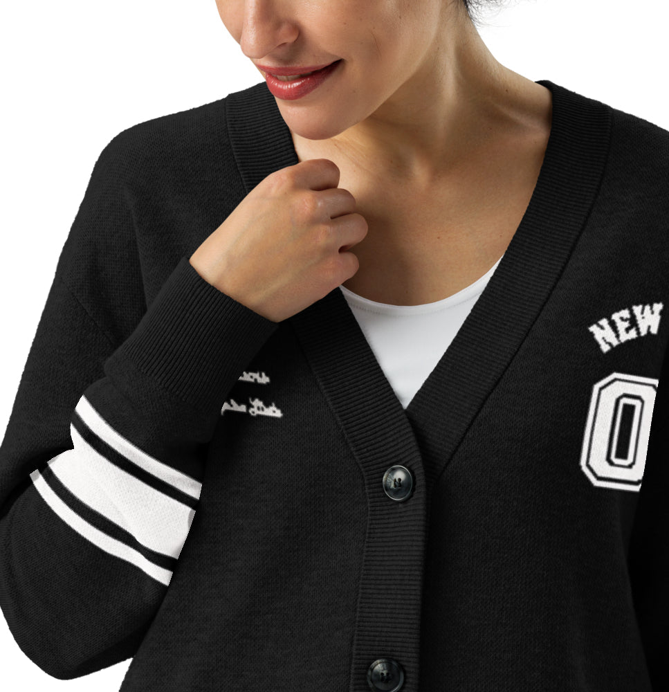 New York Varsity Knitted Cardigan (Black & White) - Chinchilla Choons