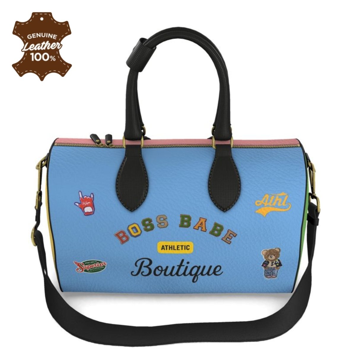 Boss Babe Varsity Leather Designer Duffle Gym Bag - Chinchilla Choons