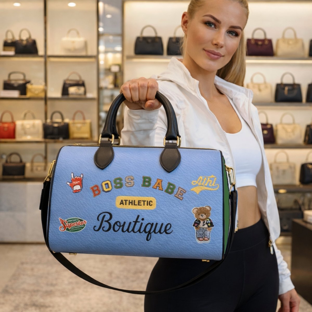 Boss Babe Varsity Leather Designer Duffle Gym Bag - Chinchilla Choons