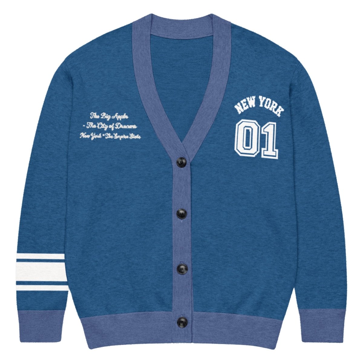 New York Varsity Knitted Cardigan (Blue & White) - Chinchilla Choons