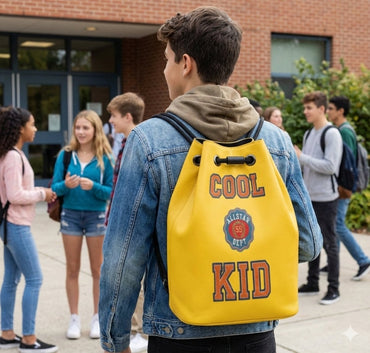 Cool Kid Varsity Leather Bucket Drawstring Backpack - Chinchilla Choons