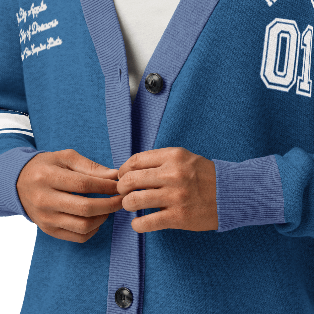 New York Varsity Knitted Cardigan (Blue & White) - Chinchilla Choons
