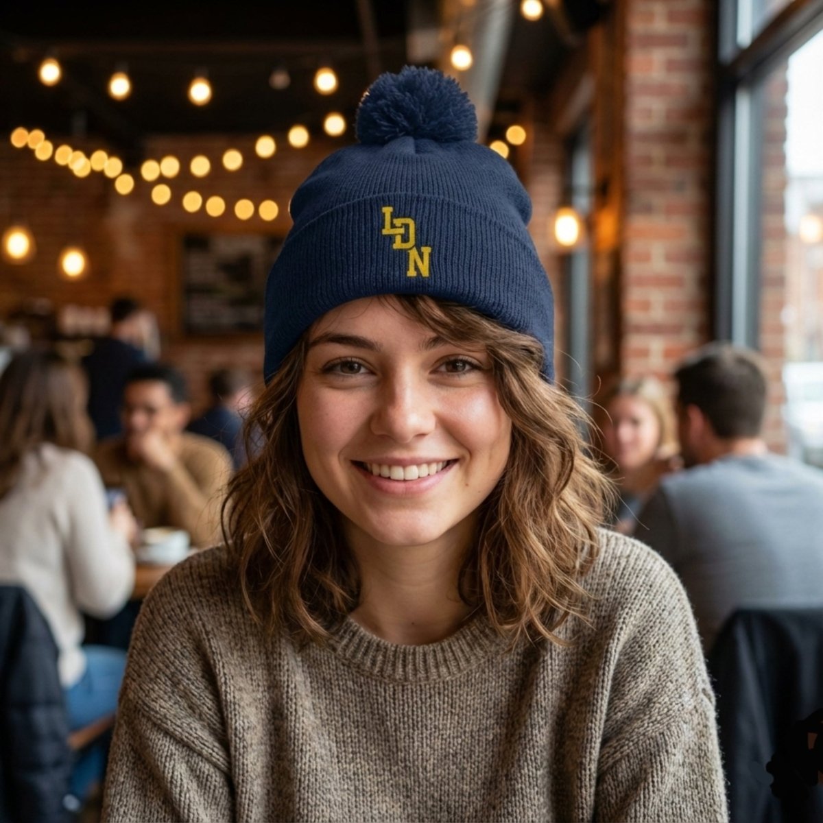 London (LDN) Embroidered Pom - Pom Beanie — Knit Cap - Chinchilla Choons