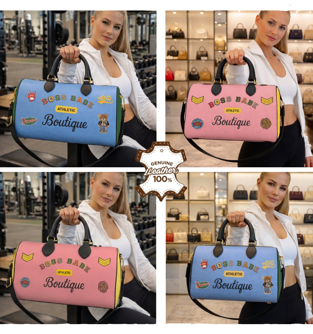 Boss Babe Varsity Leather Designer Duffle Gym Bag - Chinchilla Choons