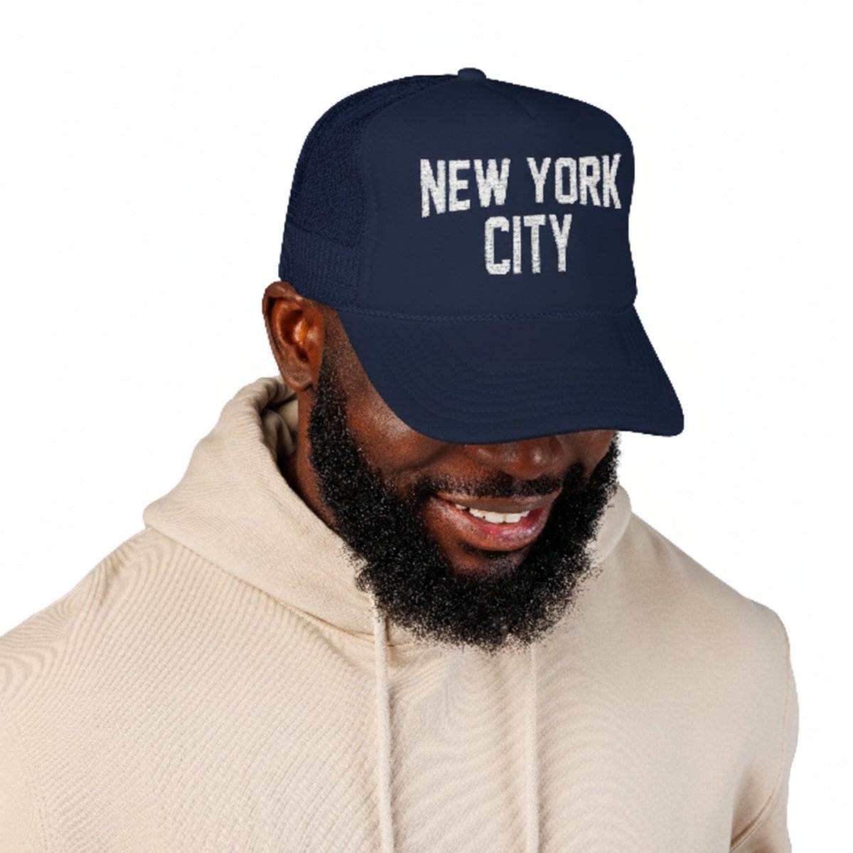 New York City Embroidered Trucker Cap (Unisex) Black & Navy - Chinchilla Choons