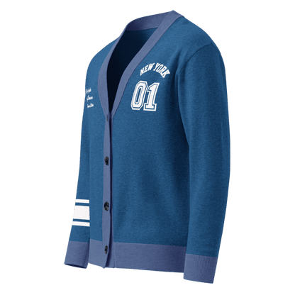 New York Varsity Knitted Cardigan (Blue & White) - Chinchilla Choons