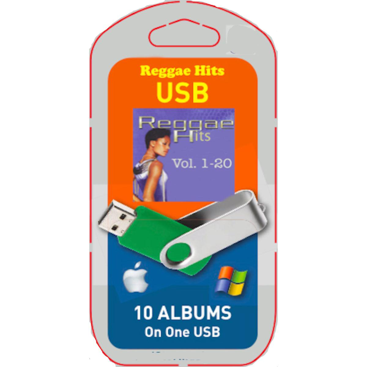 Packaging for 'Reggae Hits USB' featuring a USB drive and album cover art for a reggae music collection.