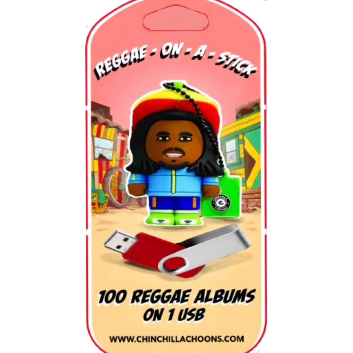 Product packaging for 'Reggae on a Stick' with a character wearing a hat and holding a USB drive.