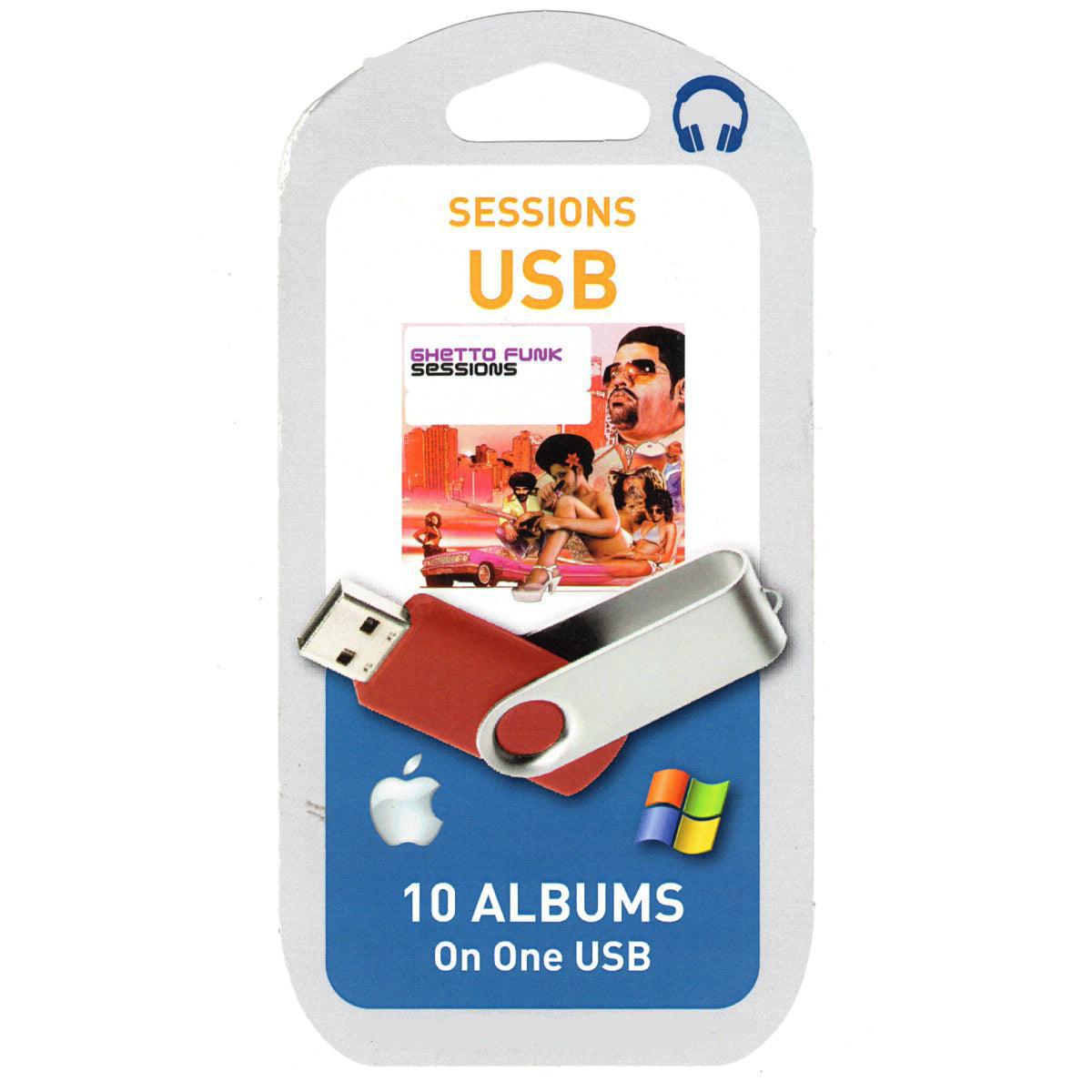 A USB drive with red and silver colors, branded with an apple logo, on a packaging that lists 'SESSIONS USB' and mentions having 10 albums.