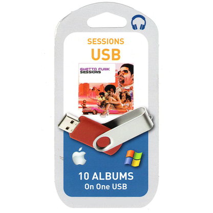 A USB drive with red and silver colors, branded with an apple logo, on a packaging that lists 'SESSIONS USB' and mentions having 10 albums.