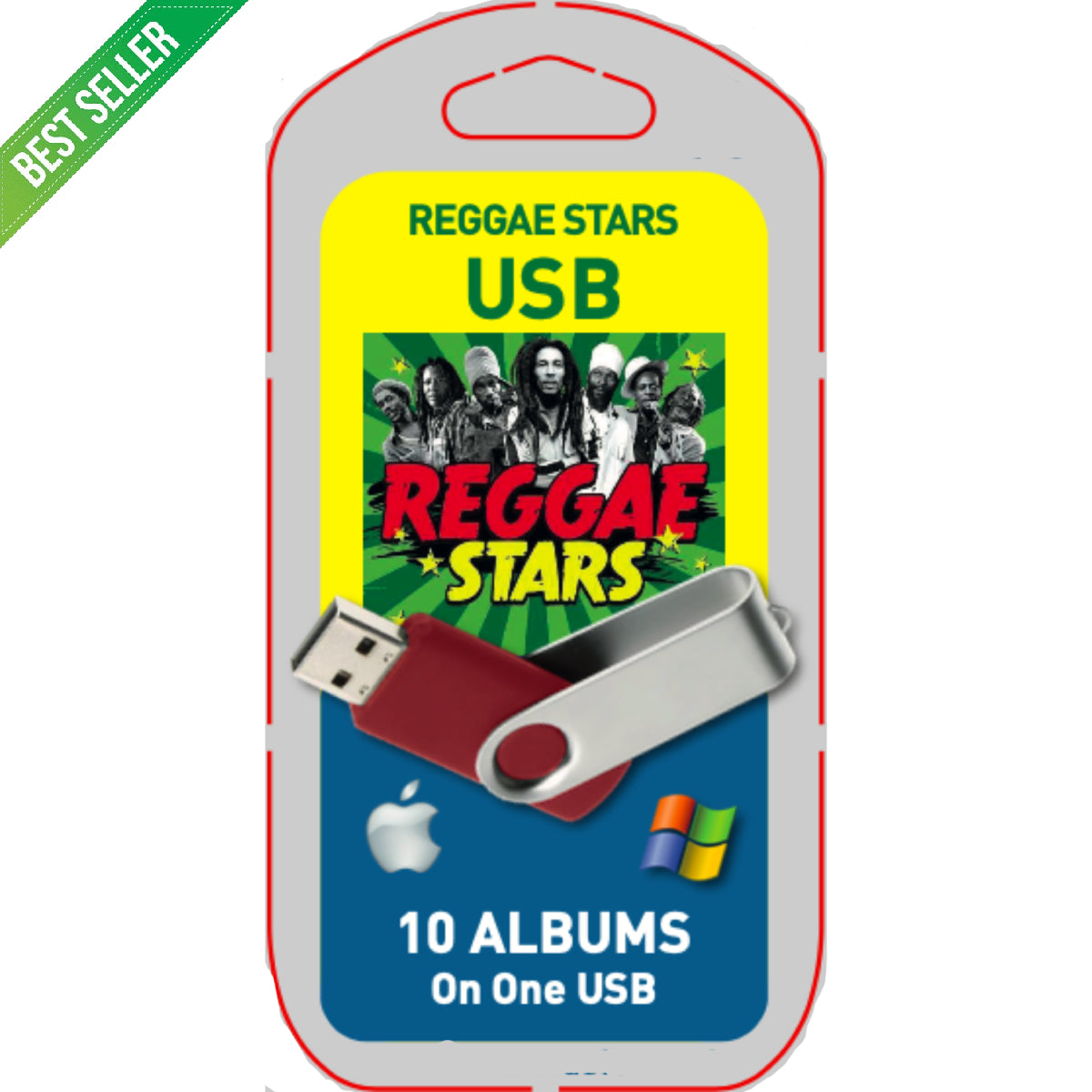 USB drive packaging with 'Reggae Stars' branding and colorful design on a white background