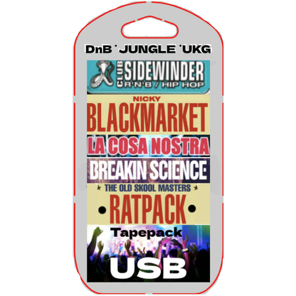 A USB drive with printed text labels representing various music artists and bands, associated with the genres Drum & Bass and UK Garage.