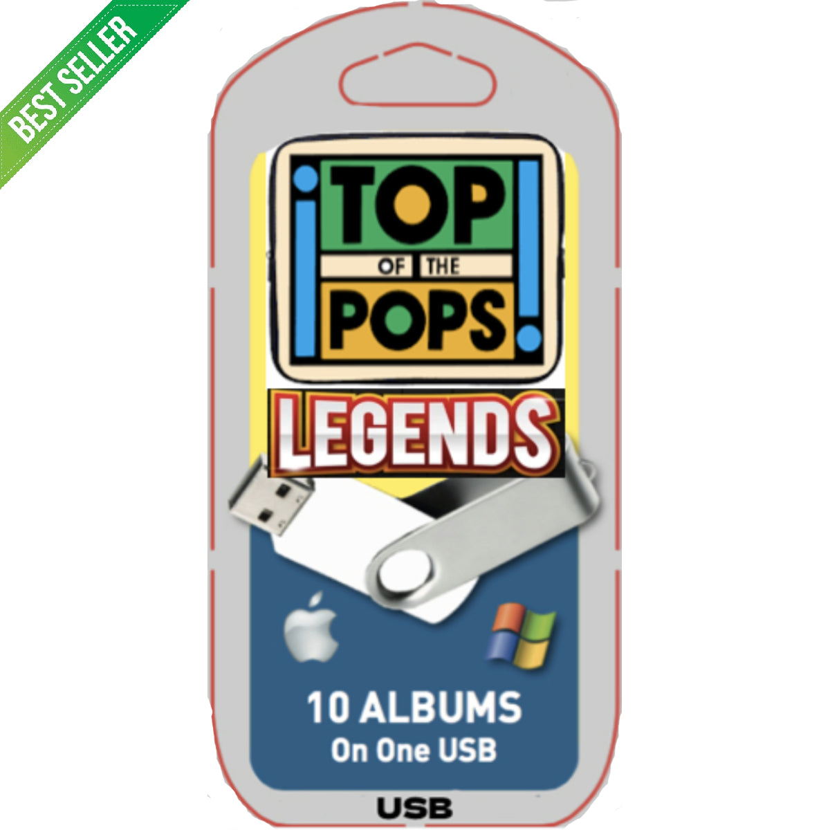 USB drive packaging with 'Top of the Pops Legends' branding on a white background