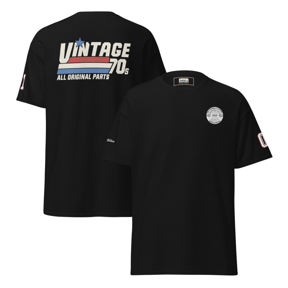 Black t-shirt with 'Vintage 70s' design on the front and back, displayed on a white background.