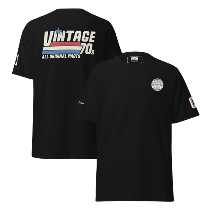 Black t-shirt with 'Vintage 70s' design on the front and back, displayed on a white background.