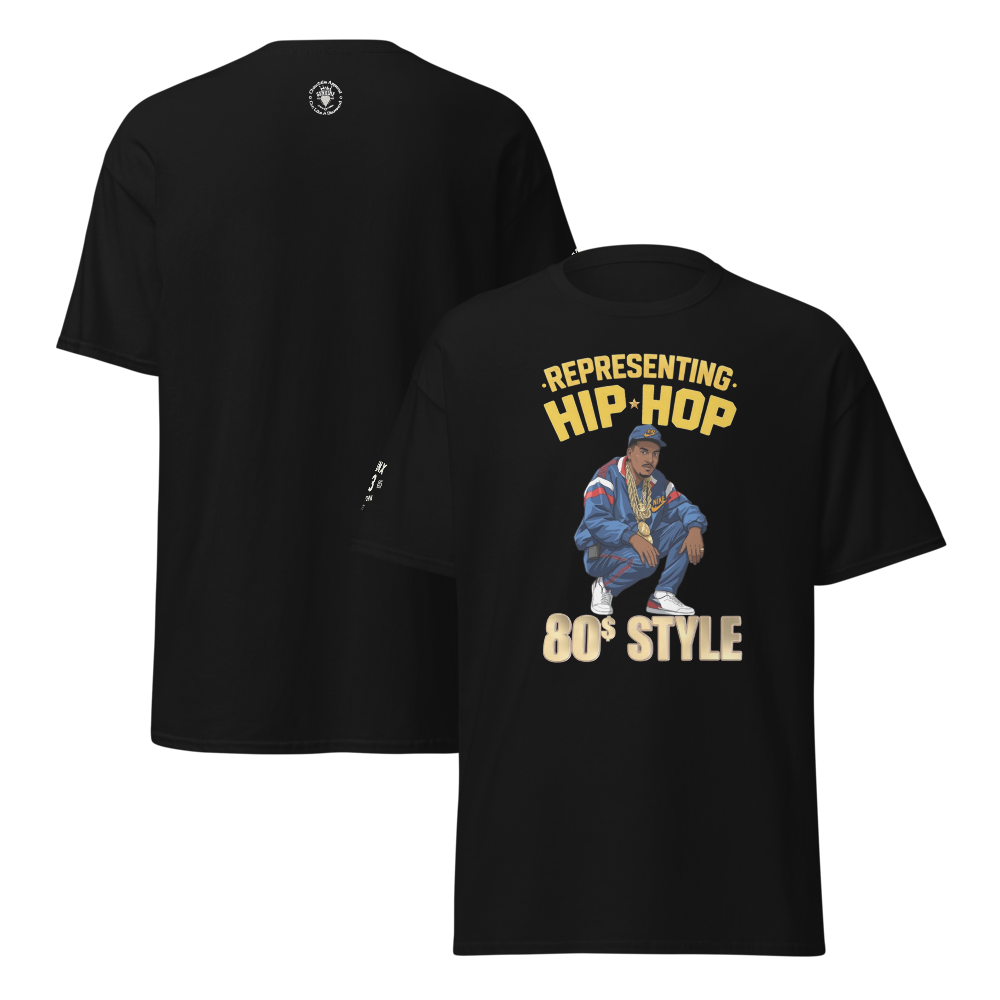 Black t-shirt with a graphic of a person and text 'Representing Hip Hop 80s Style' on a white background