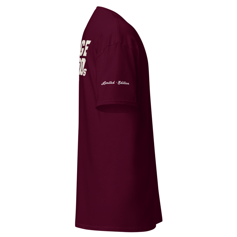 Maroon t-shirt with white text on a white background