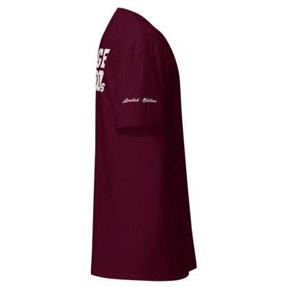 Maroon t-shirt with white text on a white background