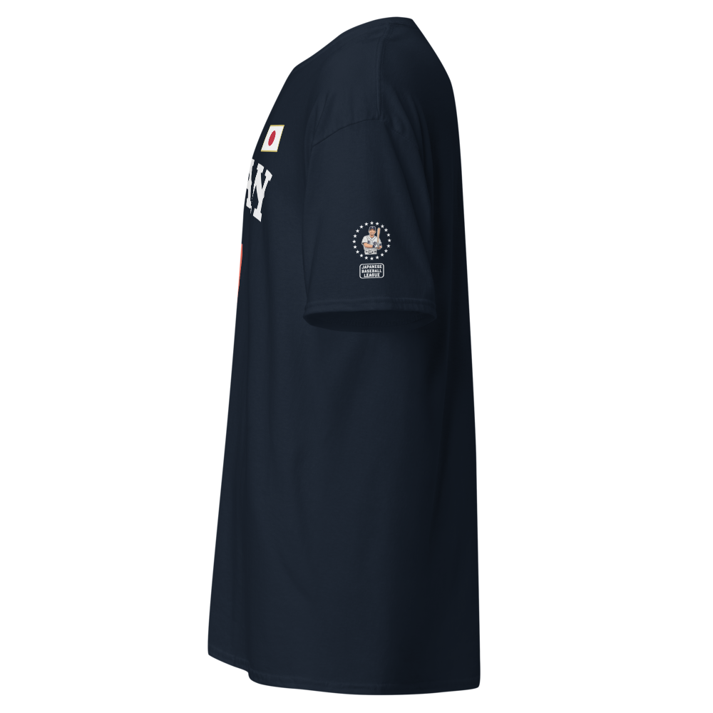 Black t-shirt with logos on a white background