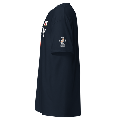 Black t-shirt with logos on a white background