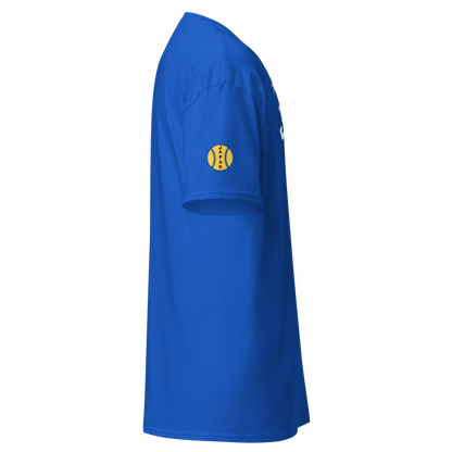 Blue t-shirt with a yellow logo on a white background