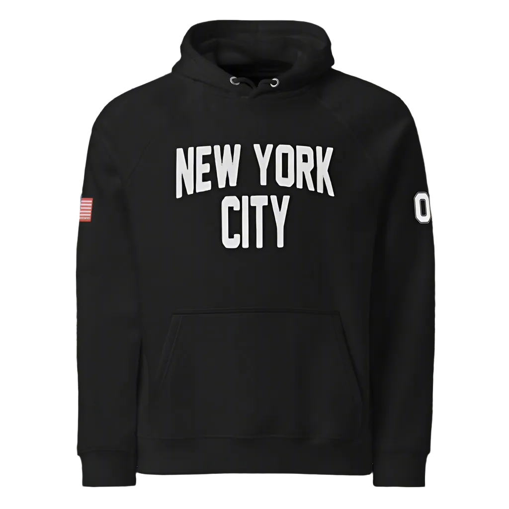 Black hoodie with 'New York City' text on a city street background