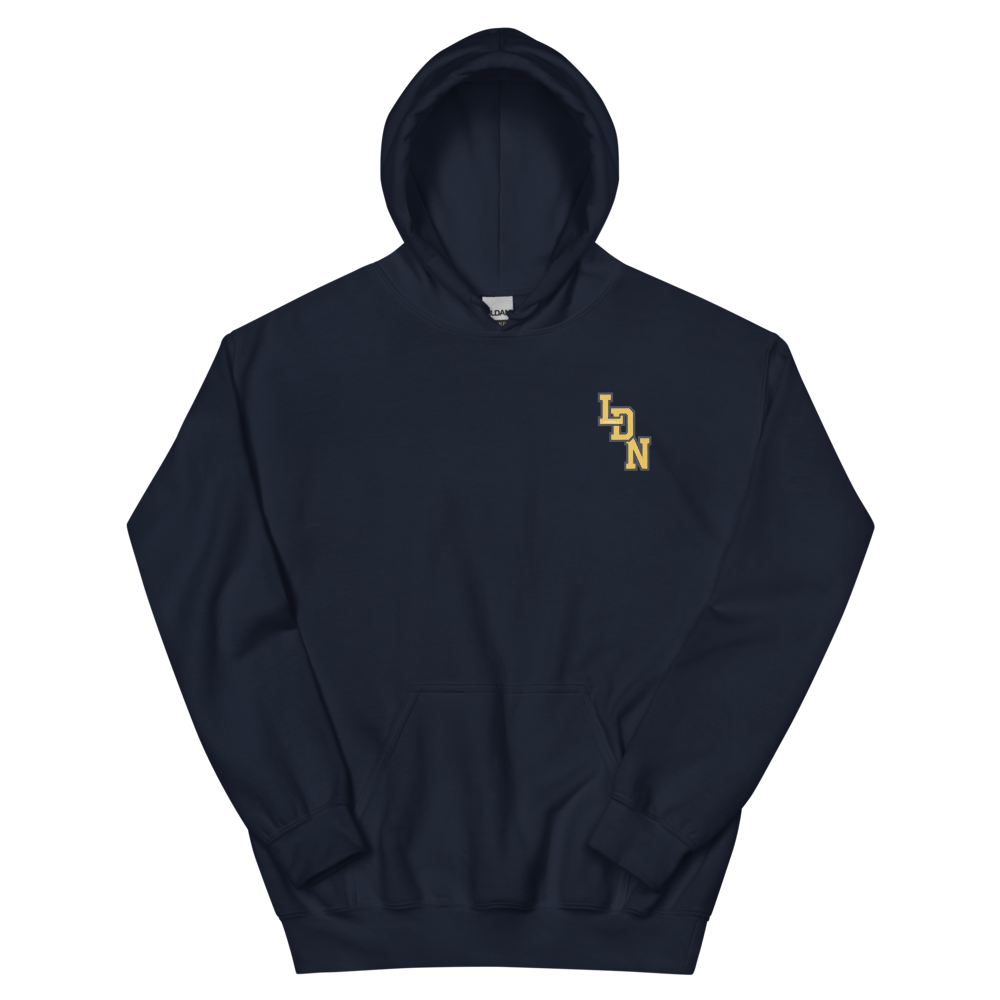 Navy hoodie with a logo on the chest against a white background