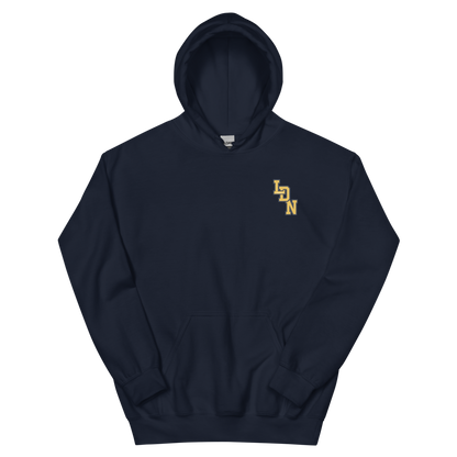 Navy hoodie with a logo on the chest against a white background