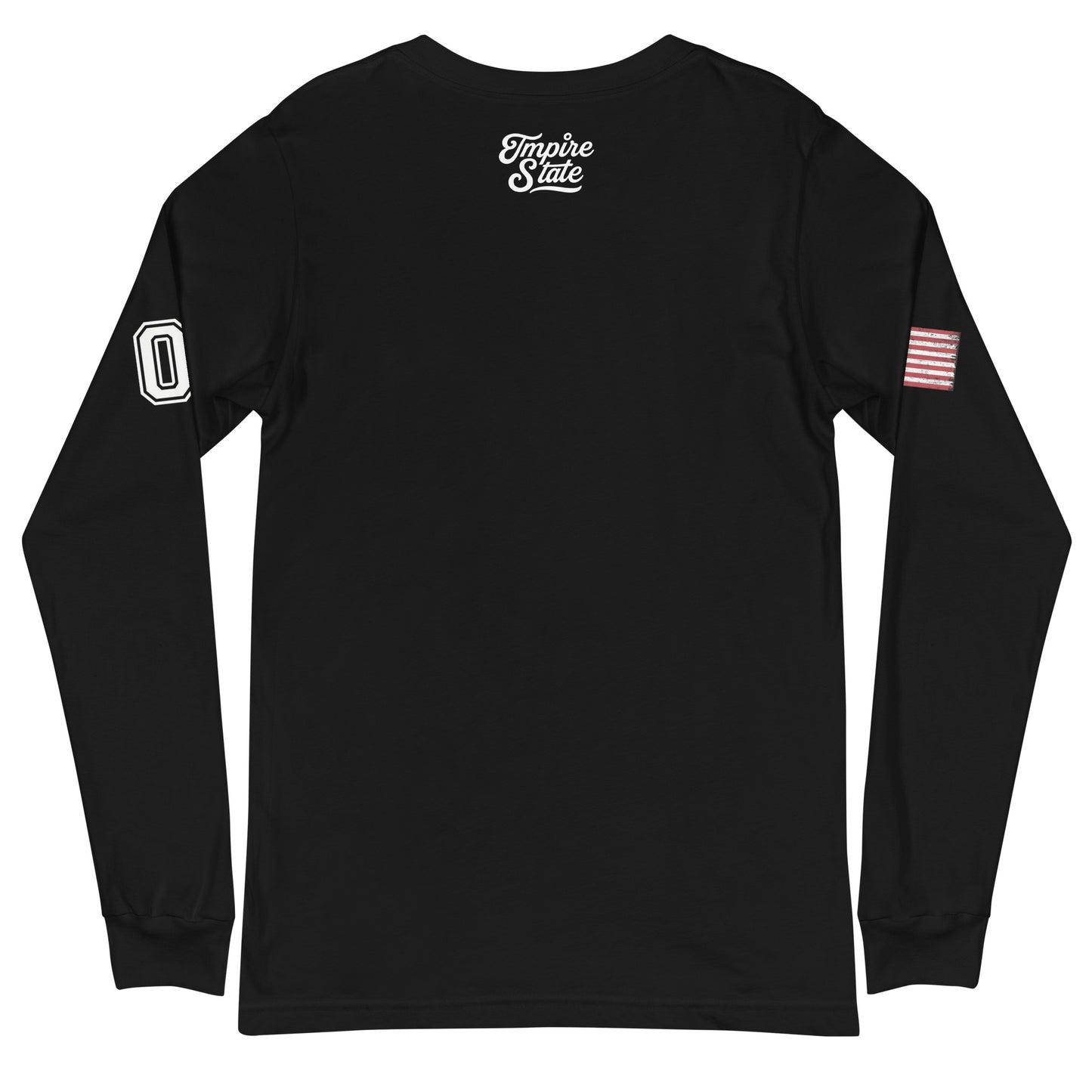 Black long-sleeve shirt with white text and small flag on sleeve, displayed against a white background.