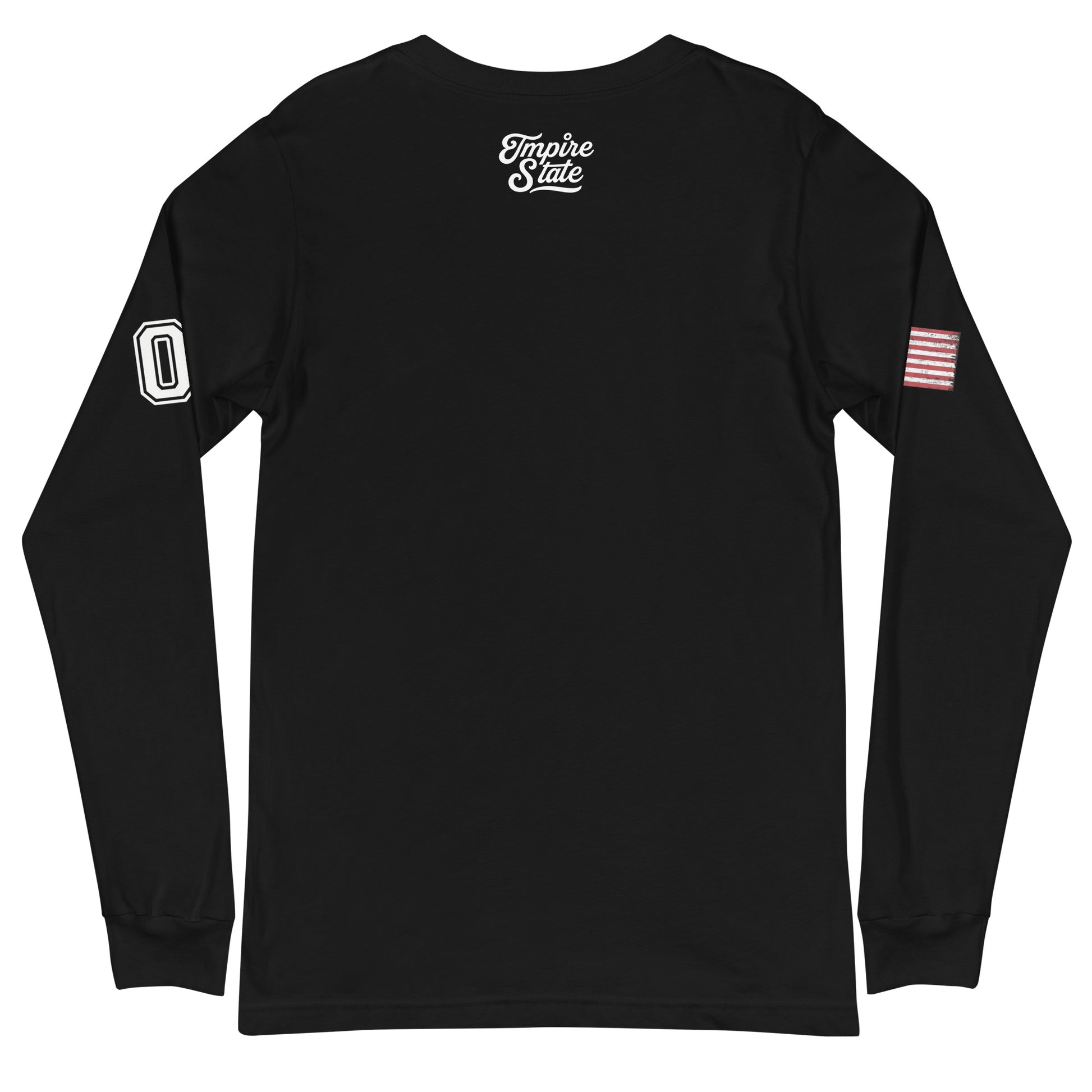 Black long-sleeve shirt with white text and small flag on sleeve, displayed against a white background.